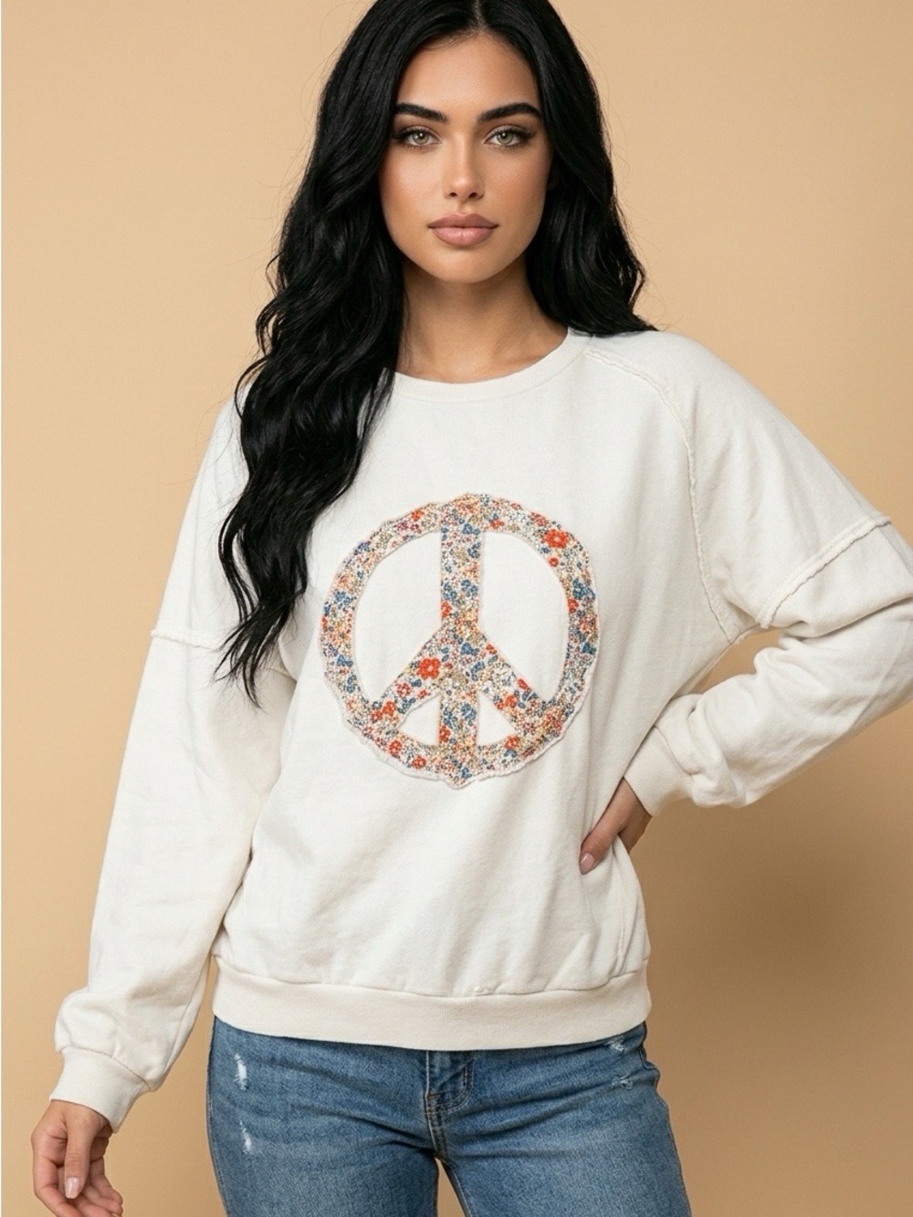 easel Cream Pullover Sweatshirt with Floral Peace Sign